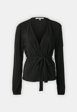 Black pleated wrap top with long sleeves, a deep V-neck, and a tie at the waist. Smooth texture with subtle vertical ridges.
