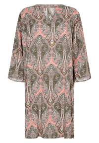 Robe à manches longues en corail avec un motif cachemire en vert, blanc et noir. Dotée d'un col en V et d'une coupe ample. Tissu léger.