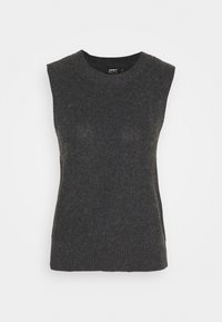 Suéter de punto sin mangas de color gris oscuro con escote redondo, textura acanalada y dobladillo recto, con diseño minimalista y detalles sutiles.