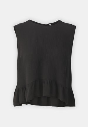 Black sleeveless top made of textured fabric with a rounded neckline and a ruffled hem at the bottom. Simple, casual design.
