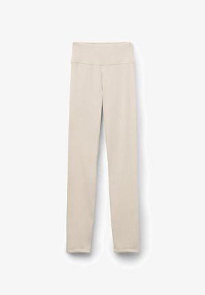 Helle beige Leggings mit einem breiten, weichen Bund. Hergestellt aus stretchigem, glattem Stoff, mit schlanker Passform und durchgehendem Design.