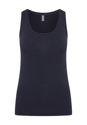 Mørkeblå tanktop med rund hals og brede stropper, lavet af glat, strækbart stof. Enkel design uden mønstre eller detaljer.
