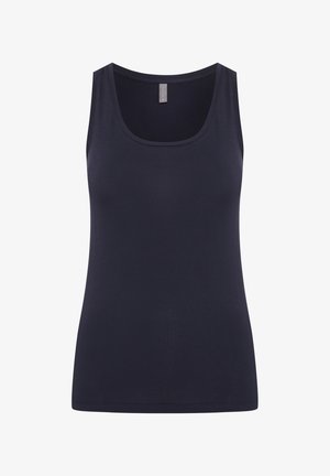 Námořnická modrá tílko s kulatým výstřihem a širokými ramínky, vyrobené z hladkého, elastického materiálu. Jednoduchý design bez vzorů nebo akcentů.