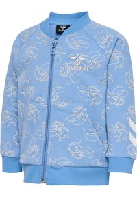 Ljusblå huvtröja med vit bi- och "happy"-tryck, dragkedja fram, ribbad mudd och midja. Har en logotyp på övre vänstra sidan. Material i bomullsblandning.