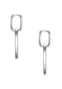 Sudraba gredzenu auskari ar taisnstūra formu augšdaļā un gariem ovāliem cilpām, ar pulētu virsmu un drošu stieples aizdari.