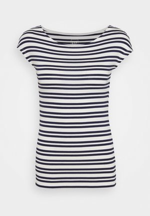 Gestreept T-shirt in marineblauw en wit, gemaakt van zachte katoen. Heeft korte mouwen en een ronde halslijn met een getailleerde pasvorm.