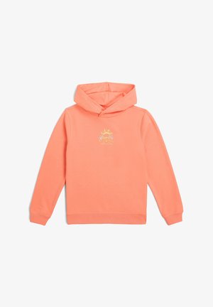 Koraalkleurige hoodie van zachte stof met een voorkeurszak. Heeft een capuchon en een zonafbeelding in het geel op de borst gedrukt.