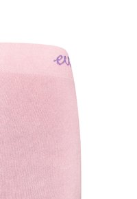 Rosa nahtlose Strumpfhosen mit glatter Textur, ausgestattet mit einem kontrastierenden lila Logo am Bund. Das Design ist minimalistisch und enganliegend.