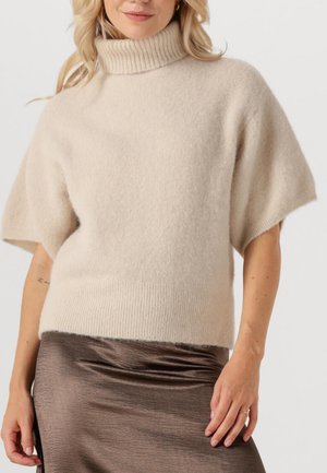 Beige cropped trui met een geribbelde turtleneck, korte mouwen en een zachte textuur; gecombineerd met een glanzende bruine rok.