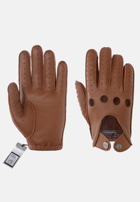 Brune læderhandsker med perforeringer på bagsiden, en tæt pasform, kontrasterende syninger og trykknaplukning for nem påtagning.