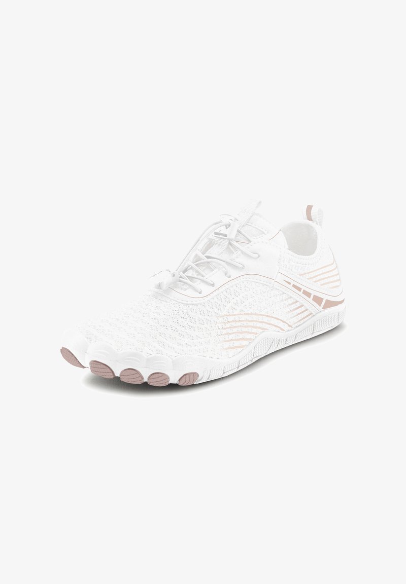 Weißer Sportschuh mit einem strukturierten Strick-Obermaterial, Fünf-Zehen-Design, elastischen Schnürsenkeln und pinkfarbenen Gummibereichen an Sohle und Seite.