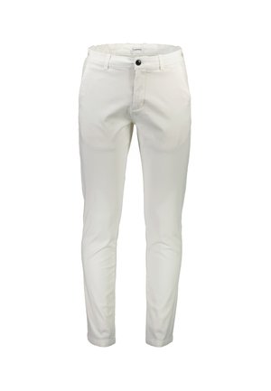 Pantalones de algodón blancos con corte ajustado, que cuentan con un cierre frontal de botón, bolsillos laterales y una textura suave. Adecuados para uso casual.