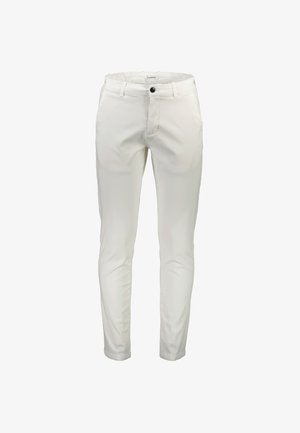 Weiße Baumwollhose im Slim-Fit, mit einem vorderen Knopfverschluss, seitlichen Taschen und einer glatten Textur. Eignet sich für den Alltag.