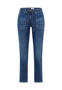 Jeans en denim bleu foncé avec une jambe droite, dotés d'une taille élastique réglable, de poches avant et de détails de couture horizontale subtils.