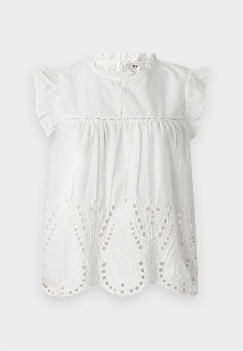 Witte katoenen blouse met ruches op de mouwtjes, een hoge kraag en geborduurde oogjes aan de onderrand in een paisleypatroon.