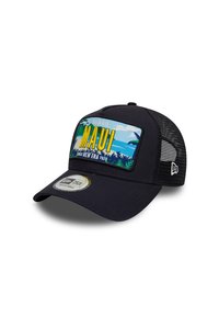 Schwarze Kappe mit einem Netzrücken, ausgestattet mit einem bunten Maui-Grafik-Patch und gelber Stickerei. Verstellbare Passform mit einem abgerundeten Schirm.