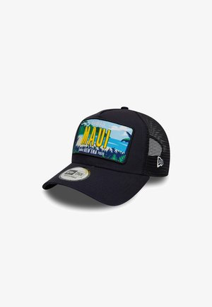 Schwarze Kappe mit einem Netzrücken, ausgestattet mit einem bunten Maui-Grafik-Patch und gelber Stickerei. Verstellbare Passform mit einem abgerundeten Schirm.