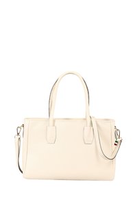 Crèmekleurige leren handtas met dubbele hengsels, een afneembare schouderriem en een klein Italiaans vlagaccent. Glad oppervlak en rechthoekige vorm.