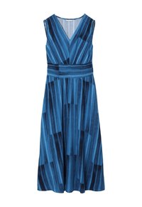 Robe midi bleue sans manches avec encolure en V, taille cintrée et motif abstrait à rayures verticales et blocs bleu foncé.