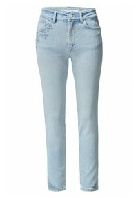 Jeans de mezclilla azul claro con corte slim, cinco bolsillos, cierre de botón y un sutil bordado en una pierna.
