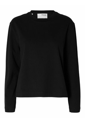 Zwarte T-shirt met lange mouwen, gemaakt van katoen, met een ronde hals, een relaxte pasvorm en een eenvoudig ontwerp zonder patronen of accenten.