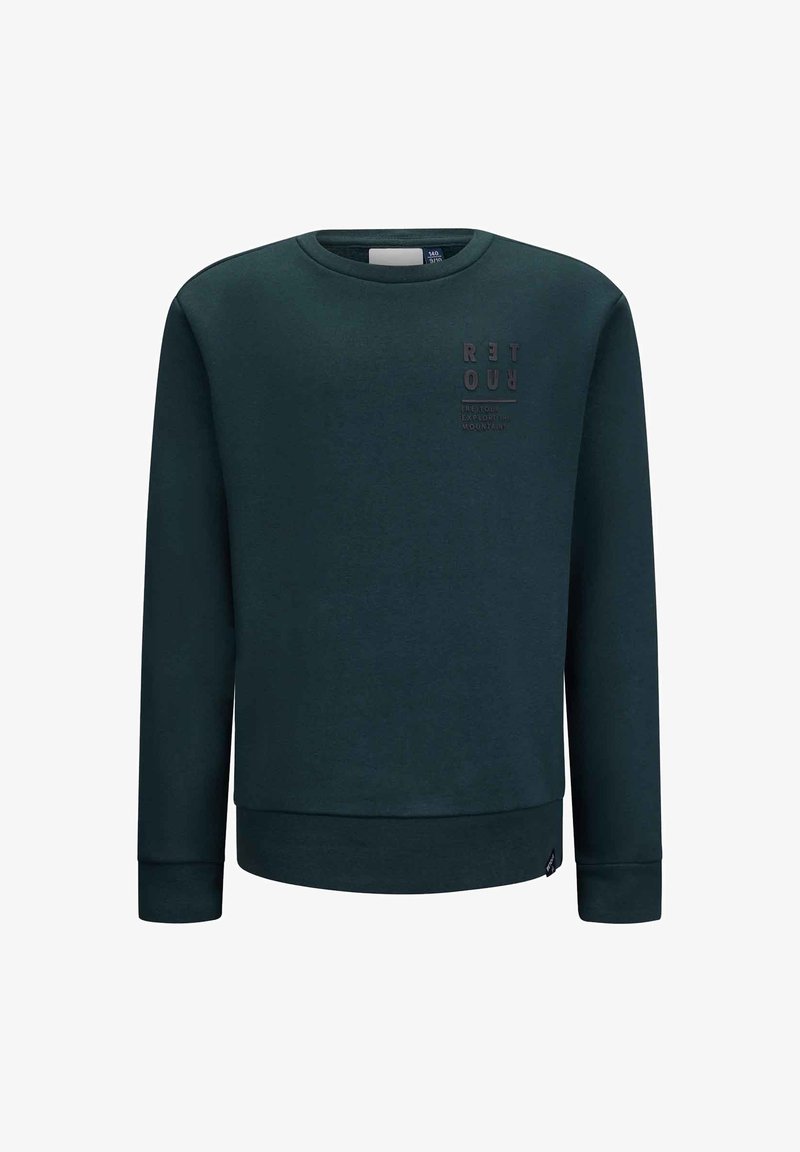 Groene sweatshirt van zacht materiaal, met een ronde halslijn, lange mouwen en een textuur ontwerp van het logo aan de voorkant.