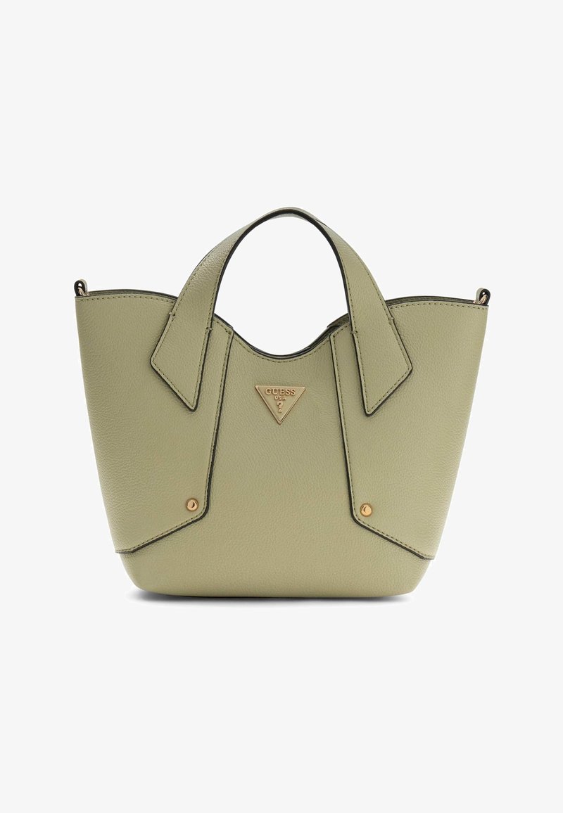 Sac à main en cuir texturé vert clair avec deux poignées supérieures et une plaque triangulaire du logo Guess au centre avant.