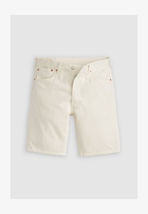 White denim shorts with a straight cut, featuring copper rivets, a button fly, and five pockets. Textured fabric with a classic design.