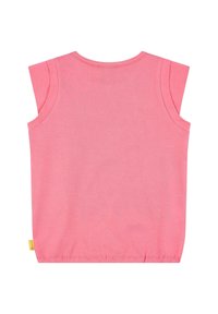 Růžový bezrukávový bavlněný top s kulatým výstřihem, rovnými lemy a malou cedulkou na boku. Hladká textura a jednoduchý design.