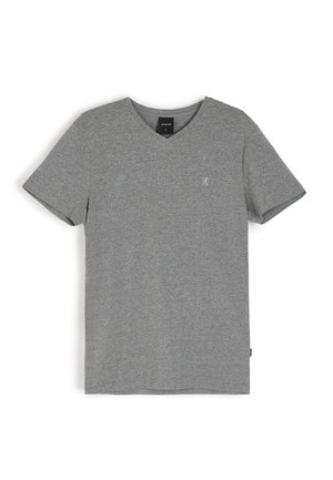 Szary t-shirt w serek, wykonany z miękkiej mieszanki bawełny. Krótkie rękawy, standardowy krój, małe logo na piersi oraz metka na dolnym brzegu.