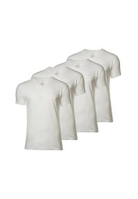 Fire hvide v-hals t-shirts lavet af blød bomuld, med korte ærmer og en tætsiddende pasform, der har et lille logo i øverste venstre hjørne.