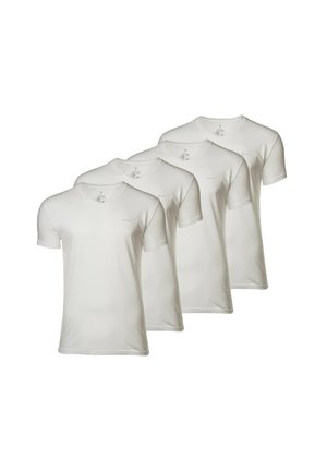 Cztery białe t-shirty z dekoltem w serek, wykonane z miękkiej bawełny, z krótkimi rękawami i dopasowanym krojem, z małym logo na górnej lewej stronie.