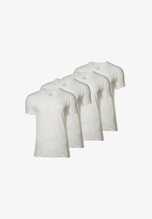 Four white v-neck t-shirts made of soft cotton, featuring short sleeves and a slim fit with a small logo on the upper left side.