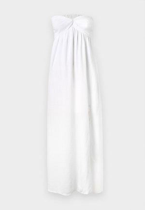 White strapless dress with a twisted bodice, pleated fabric, floor-length design, and subtle textured details. Soft, lightweight material.