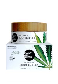 Burkar med bambulock av Holy Hemp Body Butter med en vit låda. Design med gröna hampabladsmotiv, svart och guldtext. 100% vegan, naturliga ingredienser.