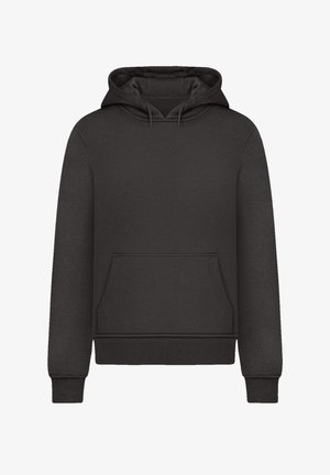 Black hoodie made of cotton blend, featuring a front pocket, drawstring hood, ribbed cuffs, and hem. Smooth texture, casual design.