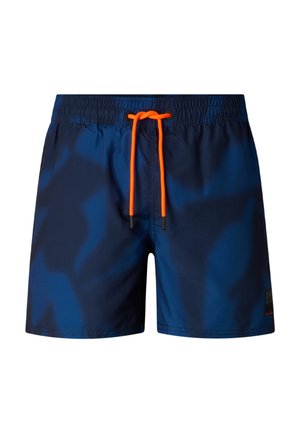 Granatowe kąpielówki z elastycznym pasem i jaskrawo pomarańczowym sznurkiem, z małą czarną metką na lewej nogawce.