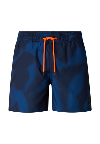 Granatowe kąpielówki z elastycznym pasem i jaskrawo pomarańczowym sznurkiem, z małą czarną metką na lewej nogawce.