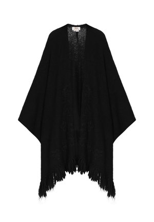 Mustkunstiga must ponšo laiadest varrukatest, millel on servades litrite äär ja õrn lillemuster kangas. Avatud eesmine disain.