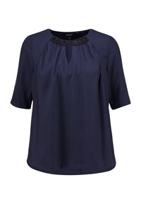 Blouse bleu marine à manches courtes, encolure ronde ornée d'accents perlés, détail plissé à l'avant et coupe décontractée.