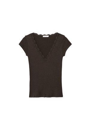 Top nero a maniche corte con costine e scollo a V profondo rifinito con dettagli in pizzo.