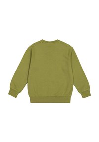 Zielony bawełniany sweatshirt z okrągłym dekoltem, długimi rękawami oraz ściągaczami w rękawach i w pasie. Tył jest gładki, o jednolitej fakturze.