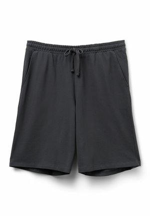 Ciemnoszare spodenki do kolan z elastycznym pasem i sznurkiem, wyposażone w boczne kieszenie, przedstawione na białym tle.