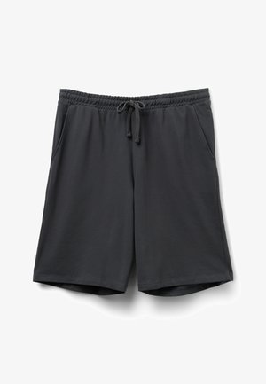 Ciemnoszare spodenki do kolan z elastycznym pasem i sznurkiem, wyposażone w boczne kieszenie, przedstawione na białym tle.