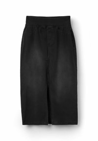 Schwarze, hoch sitzende Denim-Midi-Rock mit seitlichen Taschen, elastischem Taillenbund, einer vorderen Naht und Schlitzen in der Mitte hinten.