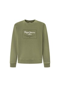 Sudadera verde con cuello redondo, mangas largas y puños acanalados. Presenta un estampado de logotipo blanco en la parte frontal centrado en un diseño rectangular.