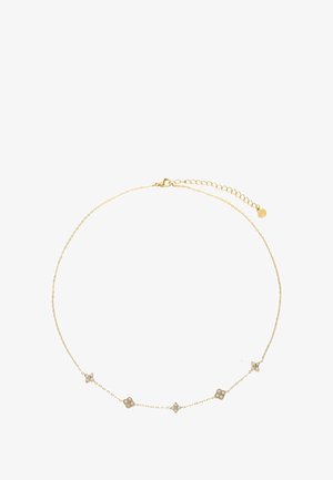 Gold chain necklace featuring four ornamental flower-shaped accents, each with small embedded stones, delicate and slim design.