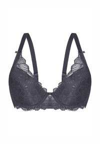 Dunkelgrauer Spitzen-BH mit vorgeformten Körbchen, Blumenmustern, verstellbaren Trägern und einem dekorativen mittleren Schmuckdetail.