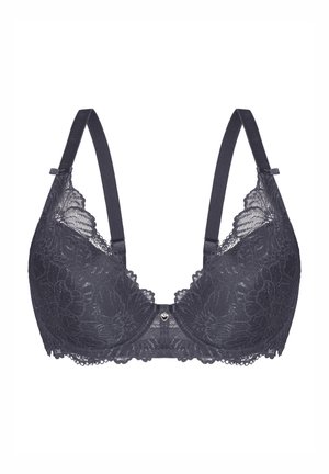 Dark gray lace bra featuring molded cups, floral patterns, adjustable straps, and a decorative center hardware detail.