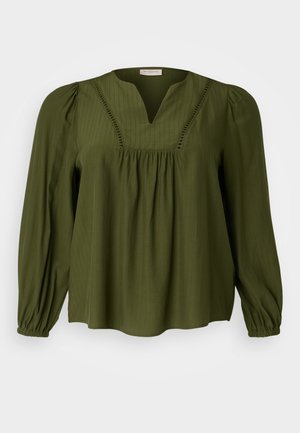 Olijfgroene blouse met lange mouwen en V-hals, met verticale strepen, rimpeling bij de taille en volumineuze mouwen met elastische manchetten.